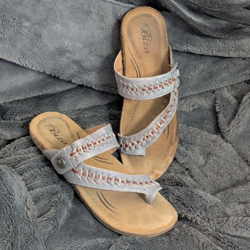 Biza Lexi thong sandals grey whiskey leather woven strap Boho Earthy Natural